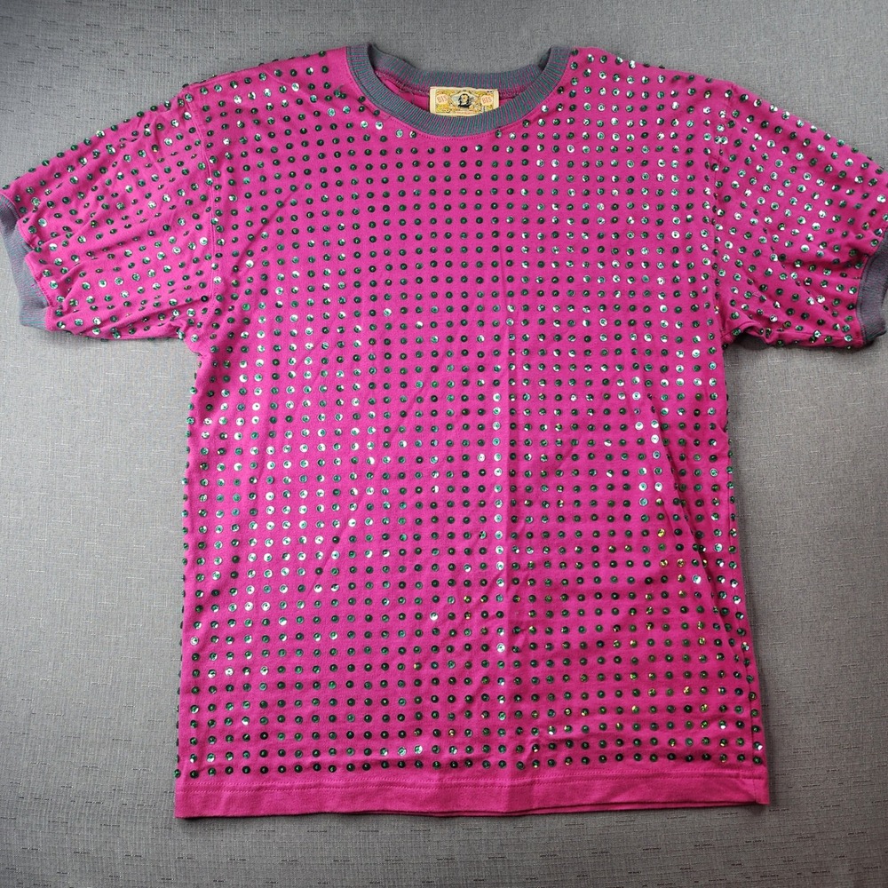 Vintage Gene Ewing BIS Pink Green Sequin Shirt Small Colorful Festival Tee